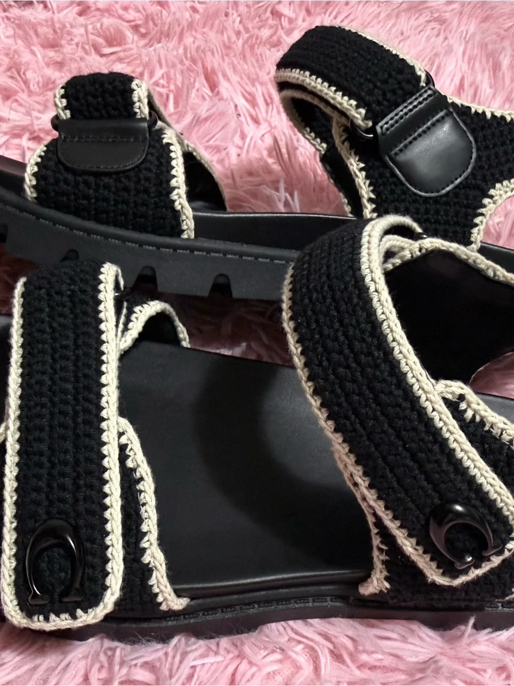 Coach Black Sandals with Cream Crochet Trim